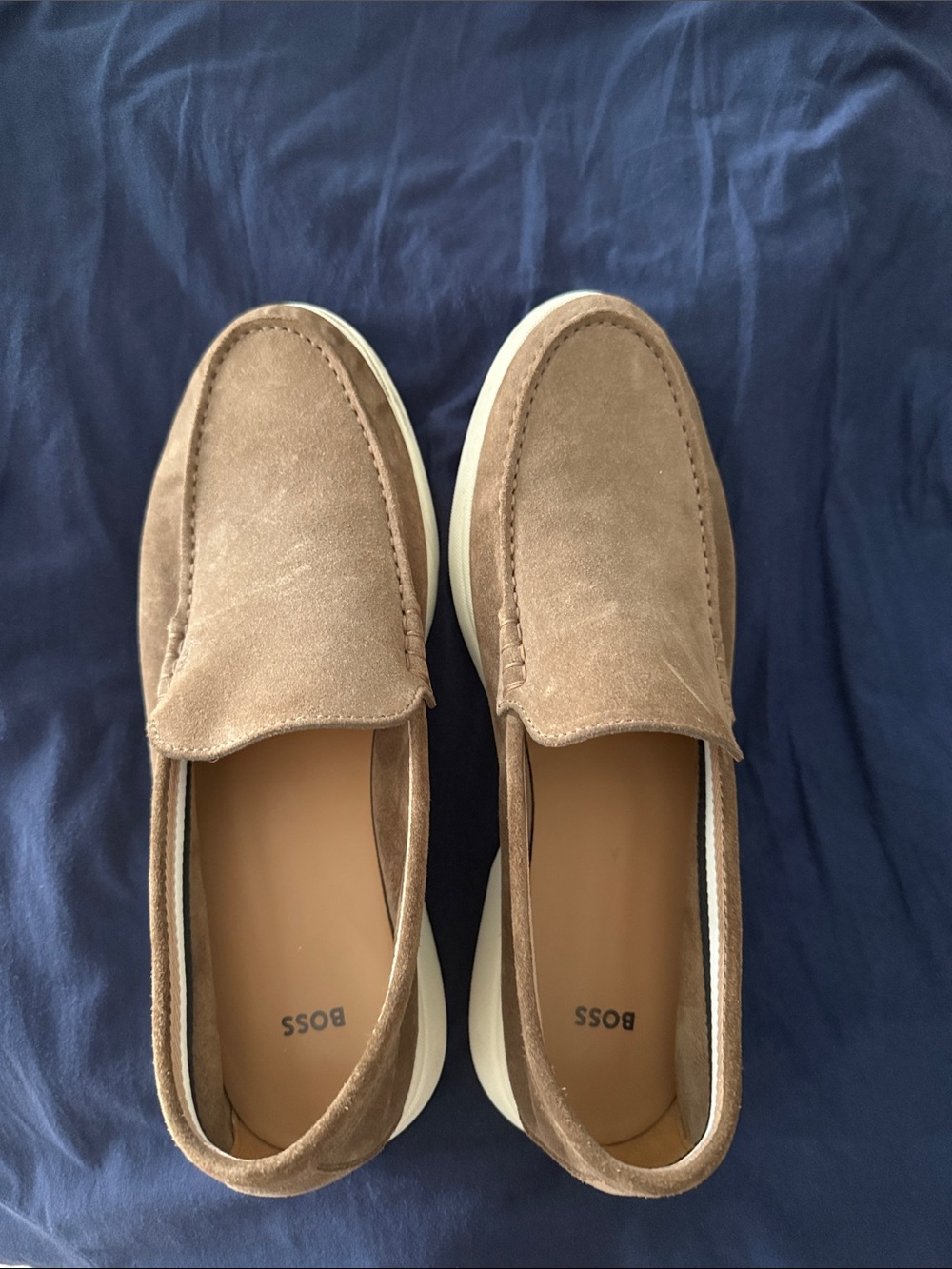 Boss Men's Beige Suede Slip-On Loafers with White Sole. Size 10.